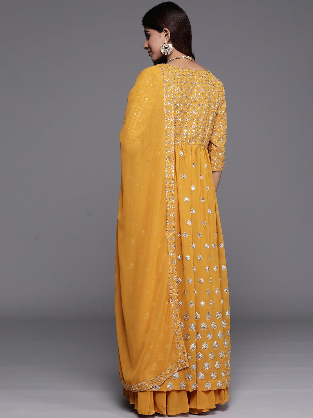 Mustard Embroidered Georgette A-Line Kurta With Palazzos & Dupatta - ShopLibas