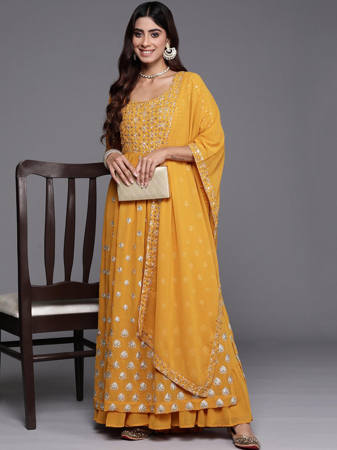 Mustard Embroidered Georgette A-Line Kurta With Palazzos & Dupatta - ShopLibas