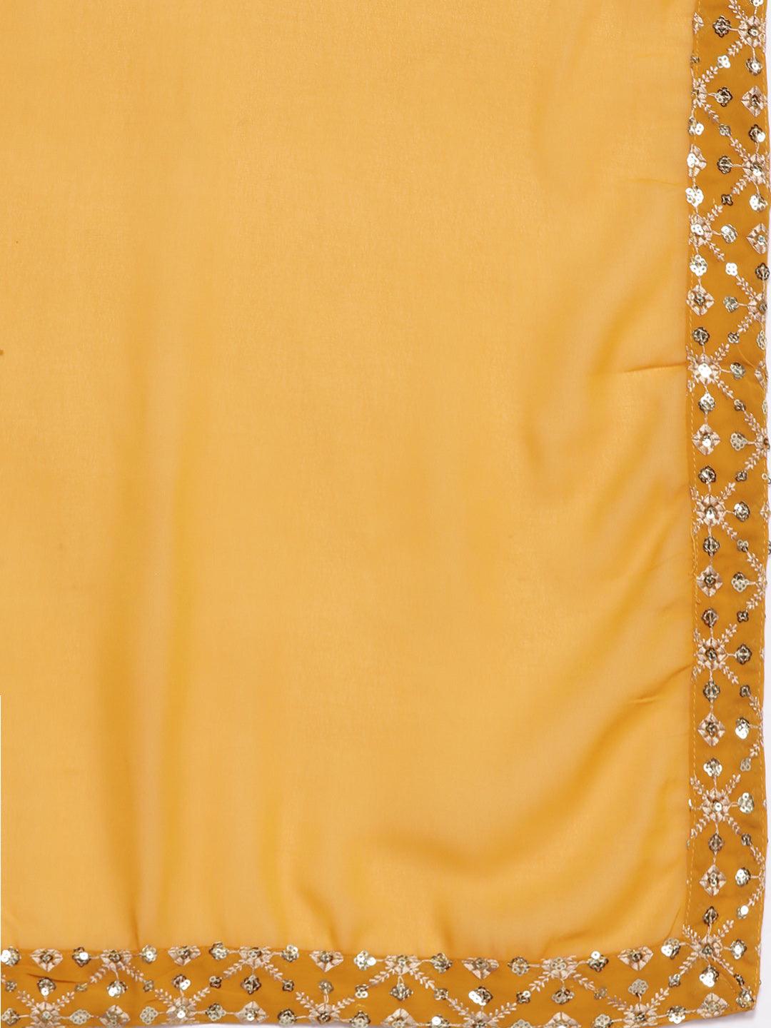 Mustard Embroidered Georgette A-Line Kurta With Palazzos & Dupatta - ShopLibas