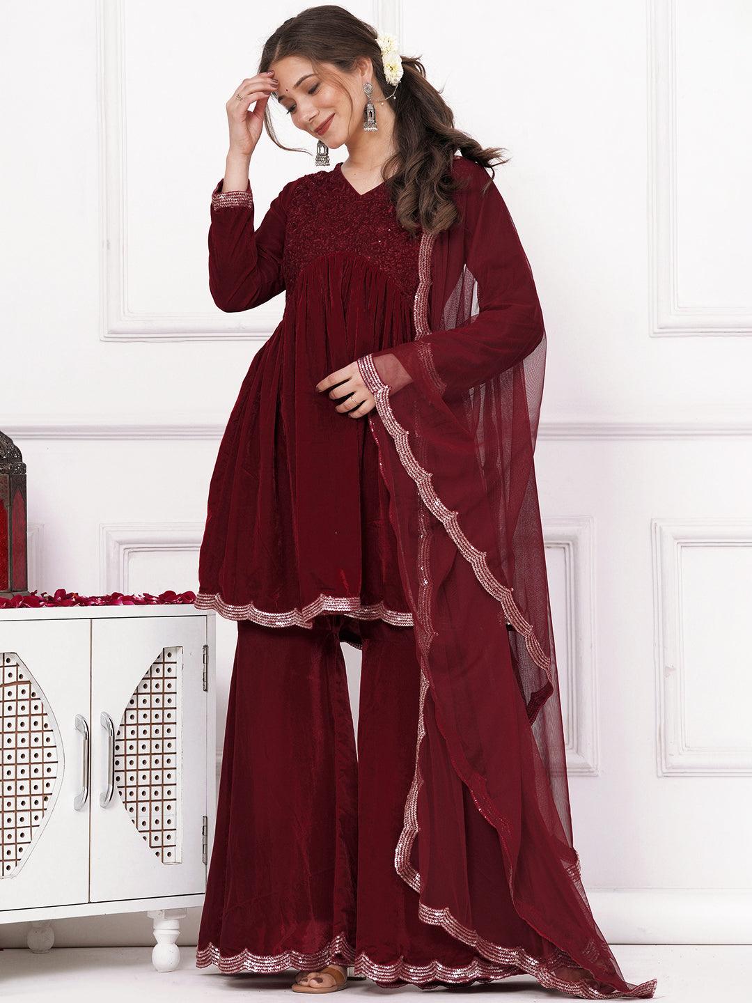 Maroon Embroidered Velvet A-Line Kurti With Sharara & Dupatta