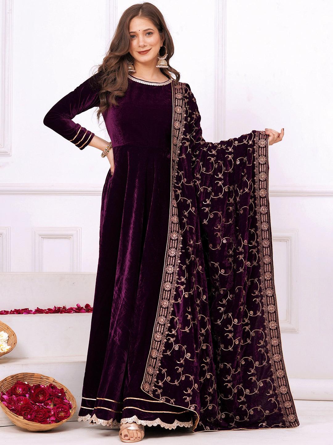 Wine Solid Velvet Anarkali Kurta With Trousers & Dupatta - ShopLibas