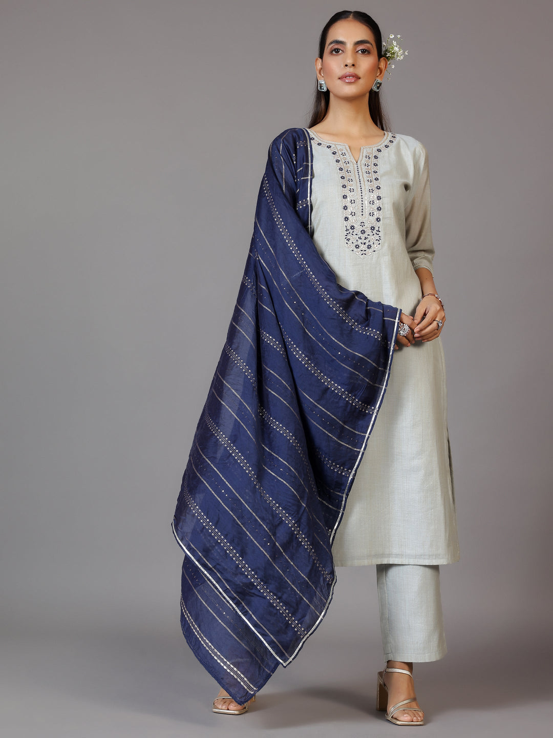 Grey Yoke Design Chanderi Silk Straight Kurta With Trousers & Dupatta