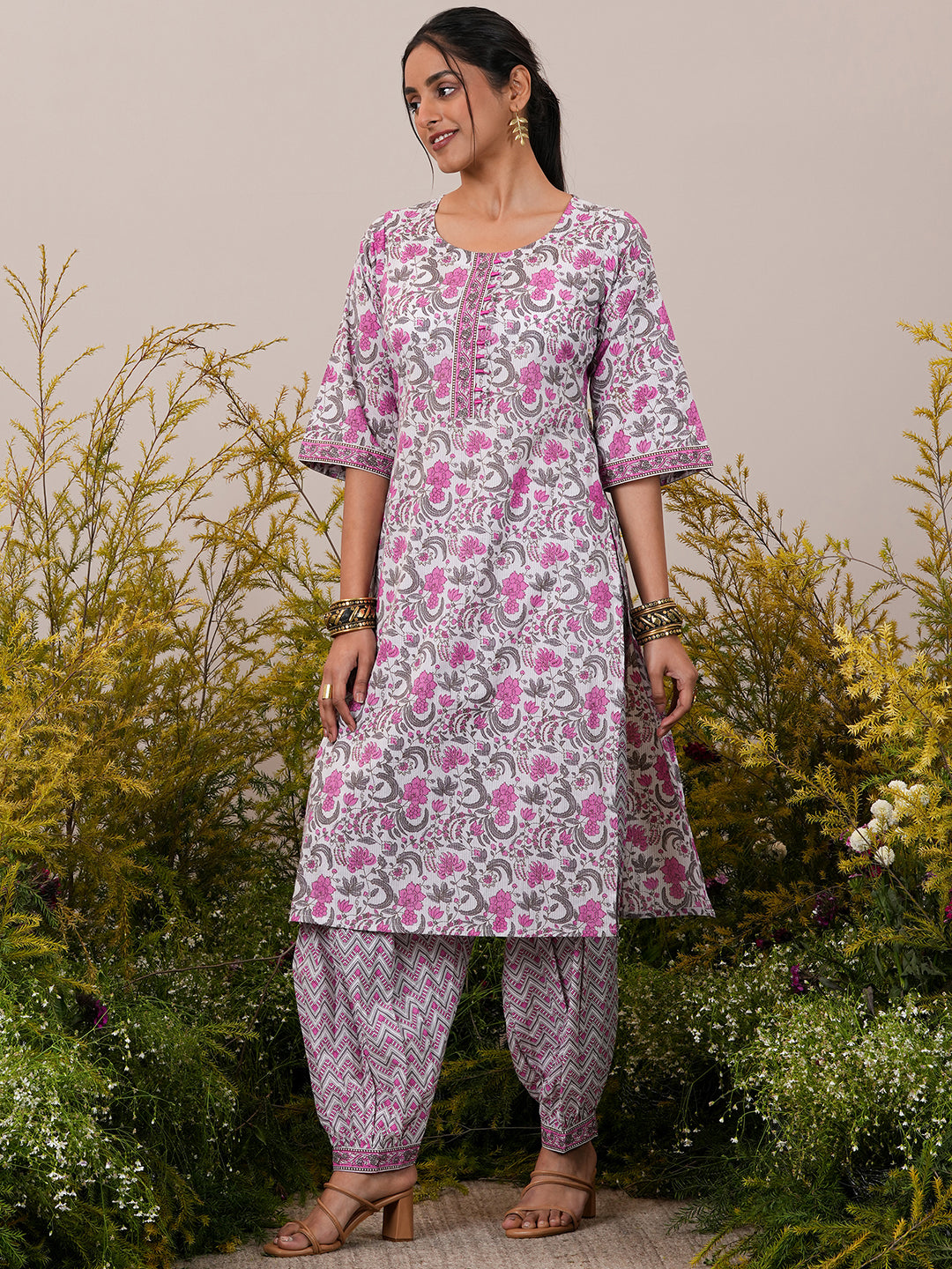 Pink Printed Cotton Straight Suit With Dupatta