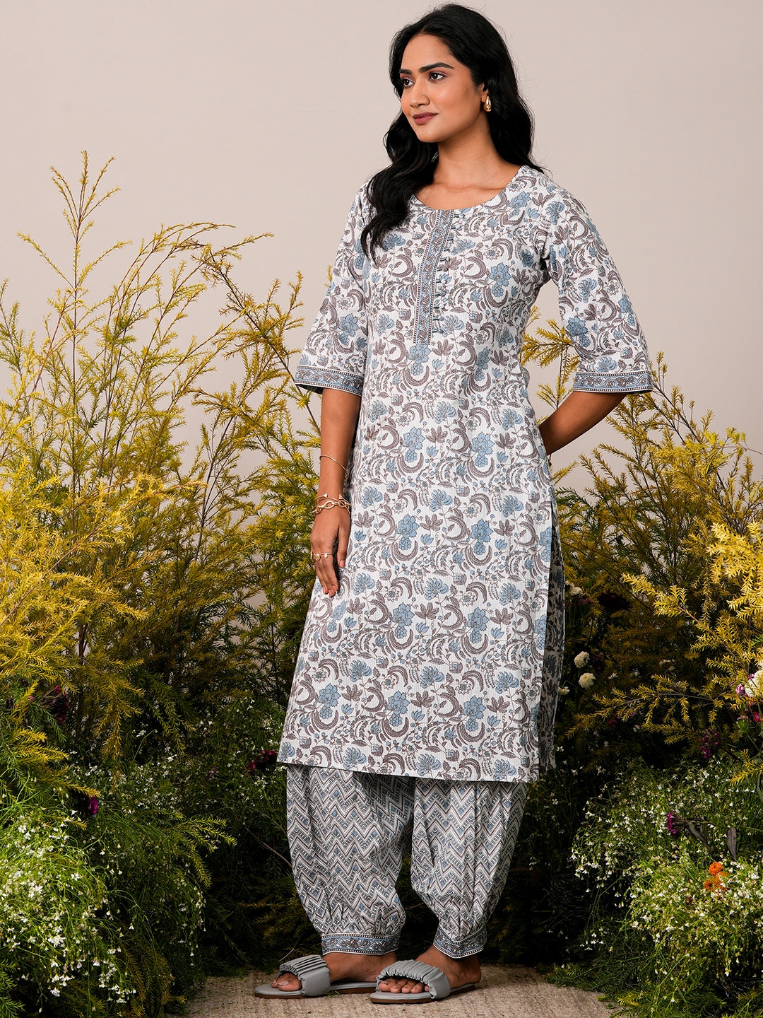 Blue Printed Cotton Straight Suit With Dupatta