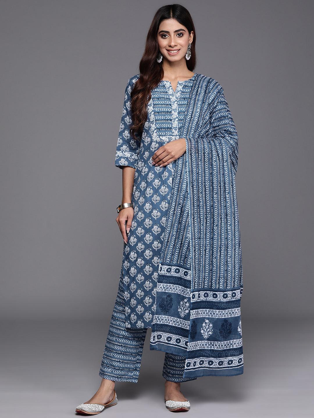 Blue Printed Cotton Straight Kurta With Trousers & Dupatta - ShopLibas