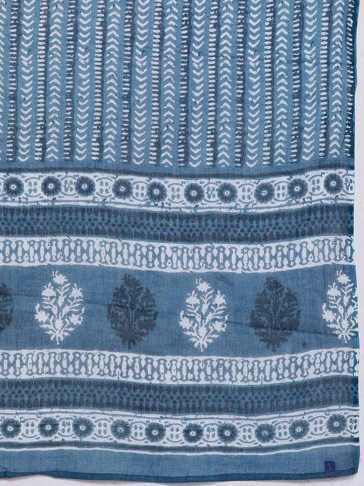 Blue Printed Cotton Straight Kurta With Trousers & Dupatta - ShopLibas