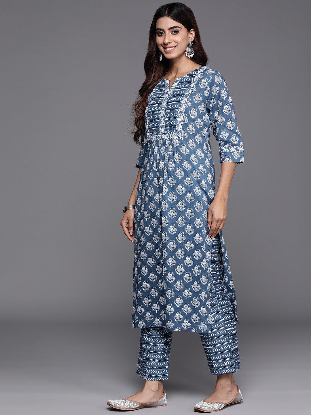 Blue Printed Cotton Straight Kurta With Trousers & Dupatta - ShopLibas