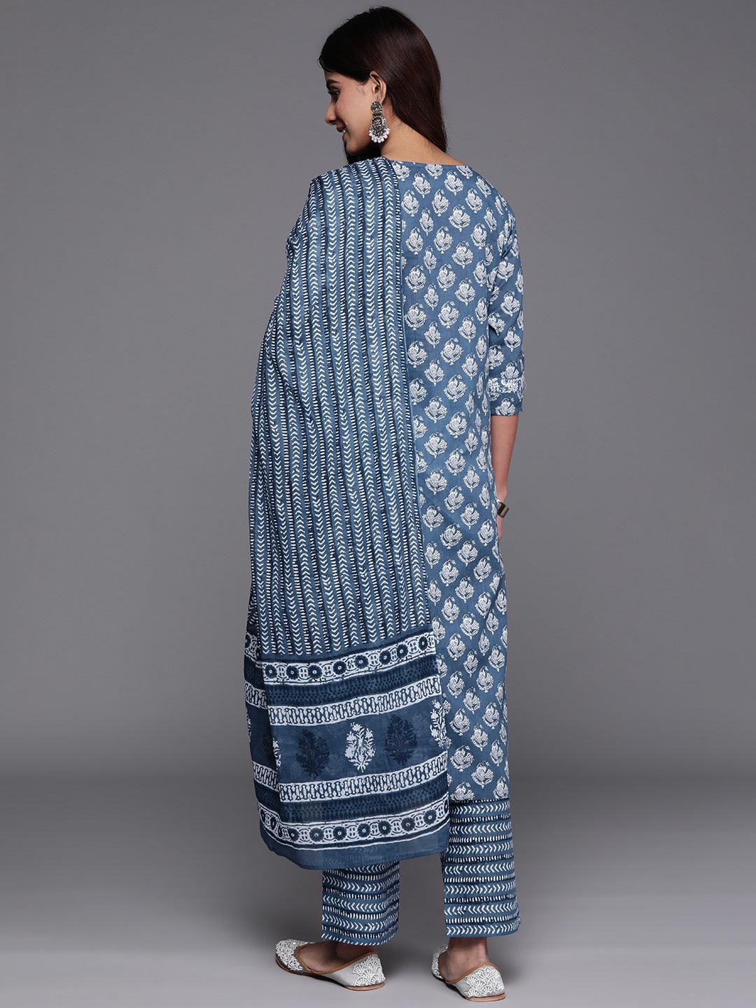 Blue Printed Cotton Straight Kurta With Trousers & Dupatta - ShopLibas