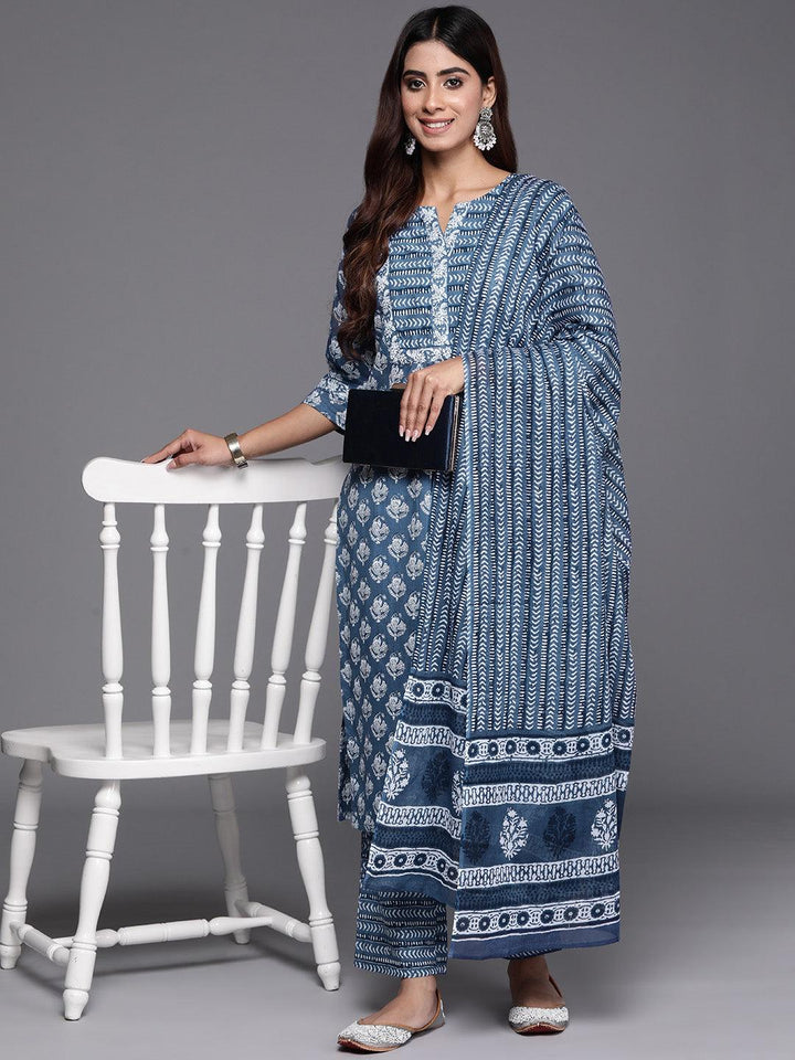 Blue Printed Cotton Straight Kurta With Trousers & Dupatta - ShopLibas