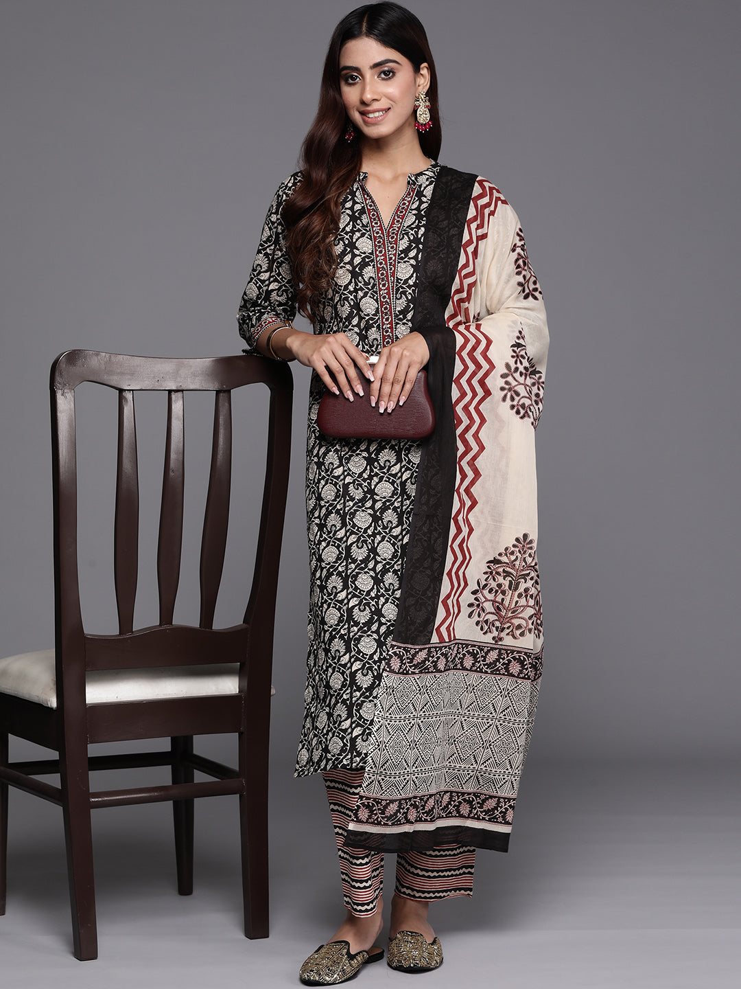 Black Printed Cotton Straight Kurta With Palazzos & Dupatta - ShopLibas