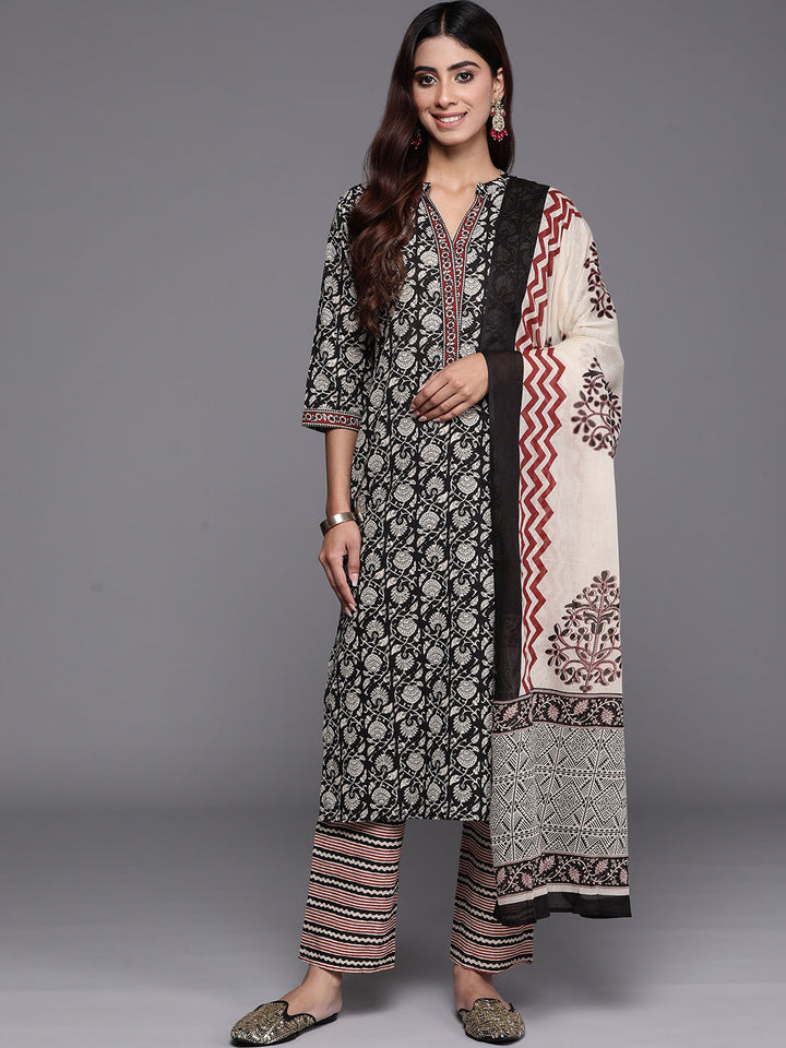 Black Printed Cotton Straight Kurta With Palazzos & Dupatta - ShopLibas