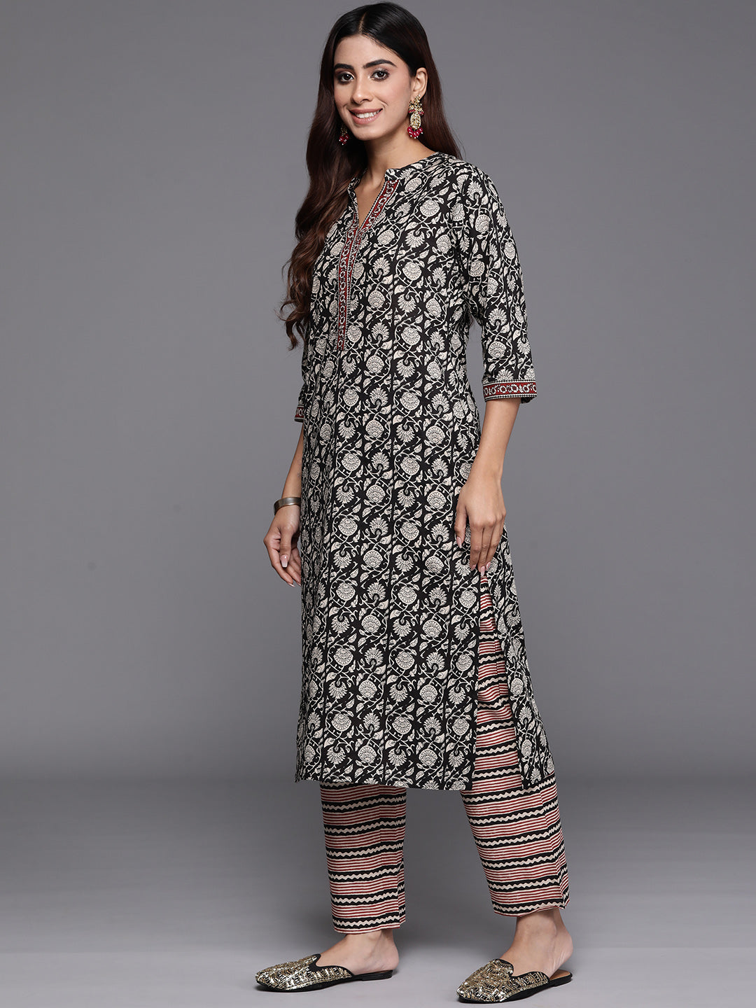 Black Printed Cotton Straight Kurta With Palazzos & Dupatta - ShopLibas