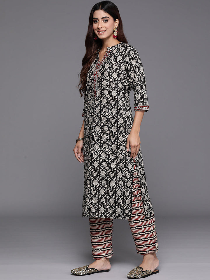 Black Printed Cotton Straight Kurta With Palazzos & Dupatta - ShopLibas