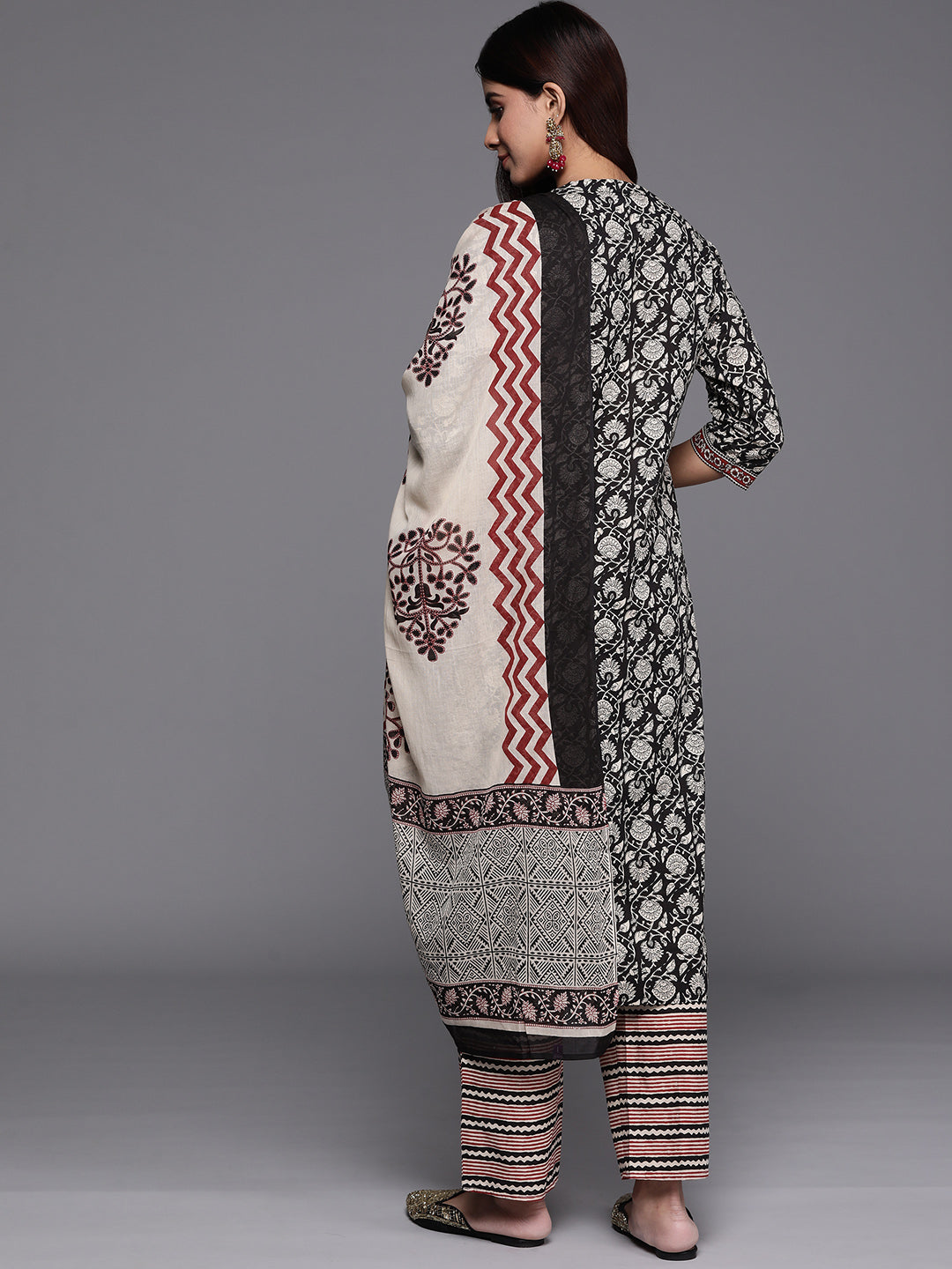 Black Printed Cotton Straight Kurta With Palazzos & Dupatta - ShopLibas