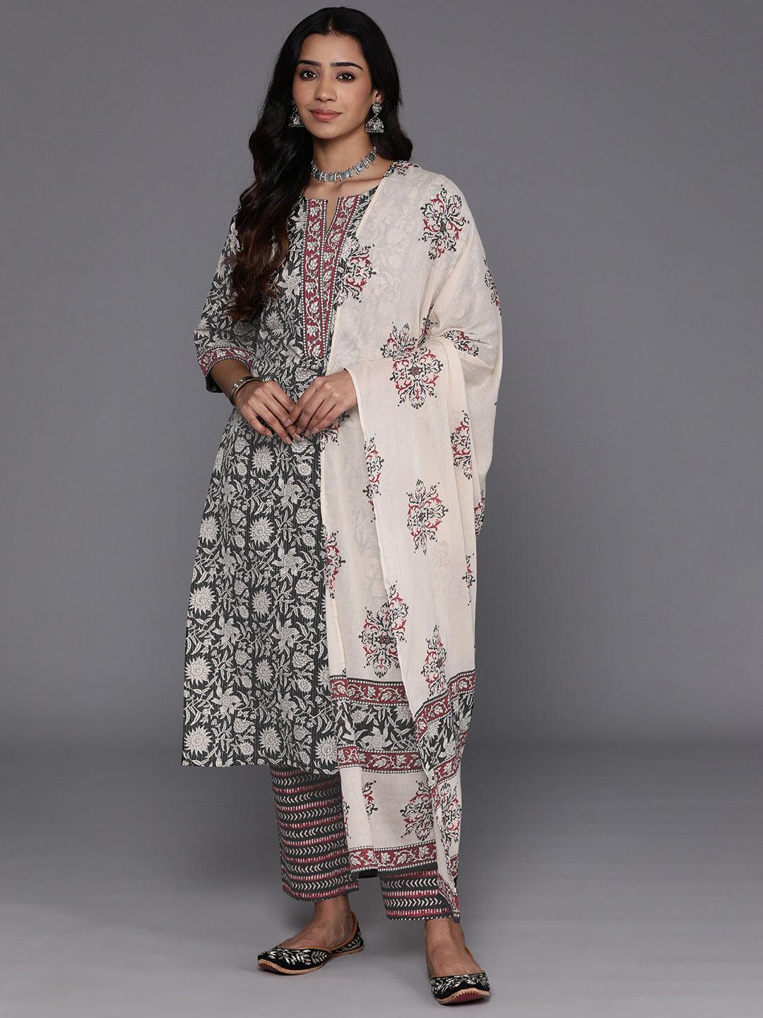 Black Printed Cotton Straight Kurta With Trousers & Dupatta - ShopLibas