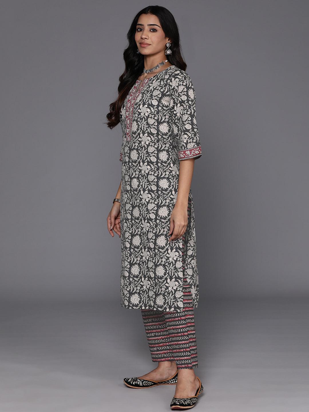 Black Printed Cotton Straight Kurta With Trousers & Dupatta - ShopLibas