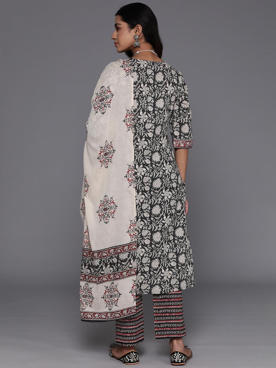 Black Printed Cotton Straight Kurta With Trousers & Dupatta - ShopLibas