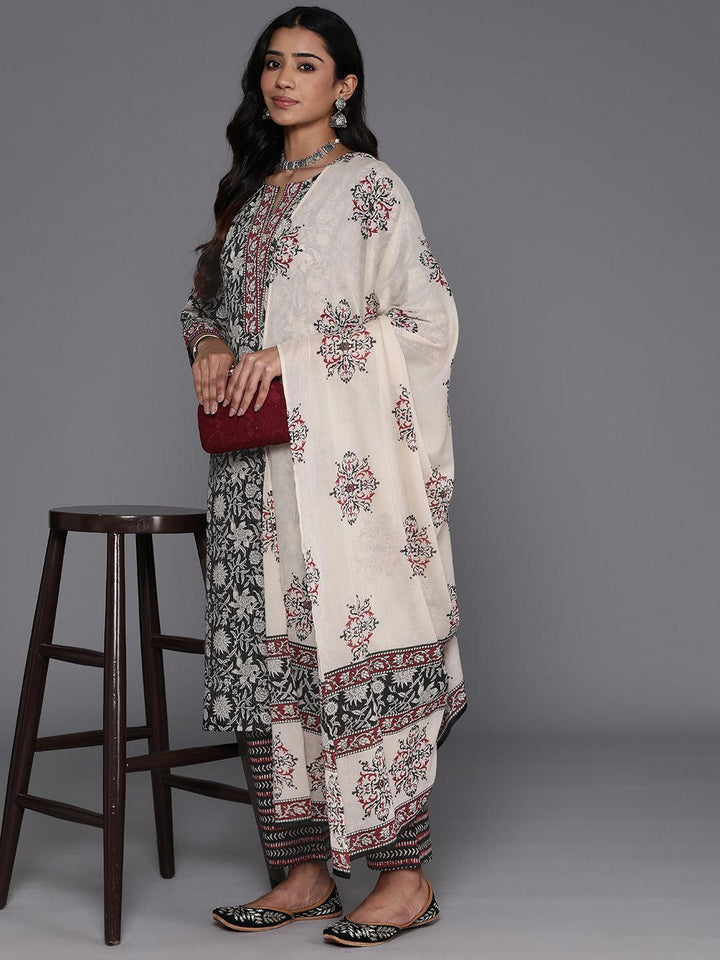 Black Printed Cotton Straight Kurta With Trousers & Dupatta - ShopLibas