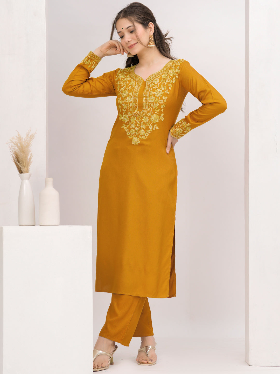 Mustard Yoke Design Wool Blend Straight Kurta Set