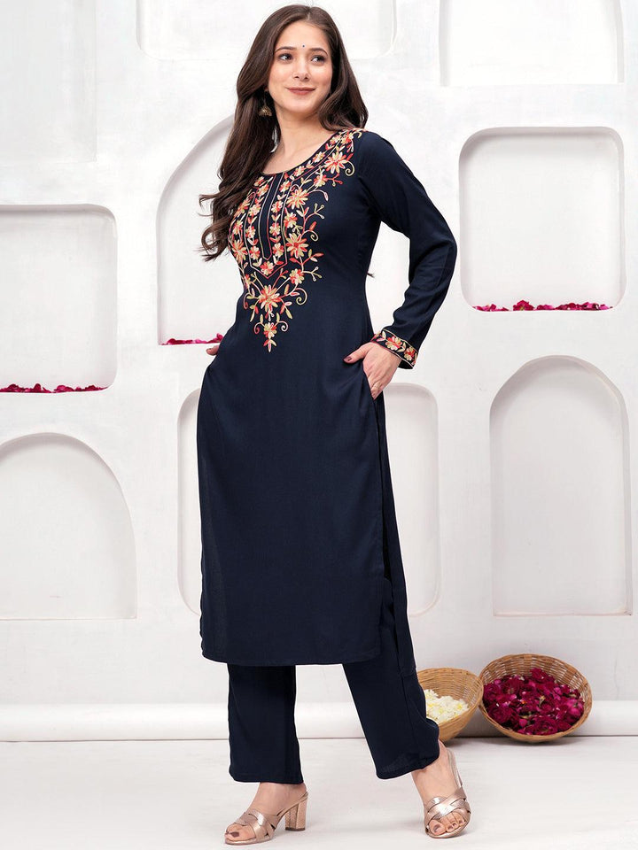 Navy Yoke Design Wool Blend Straight Kurta With Palazzos - ShopLibas