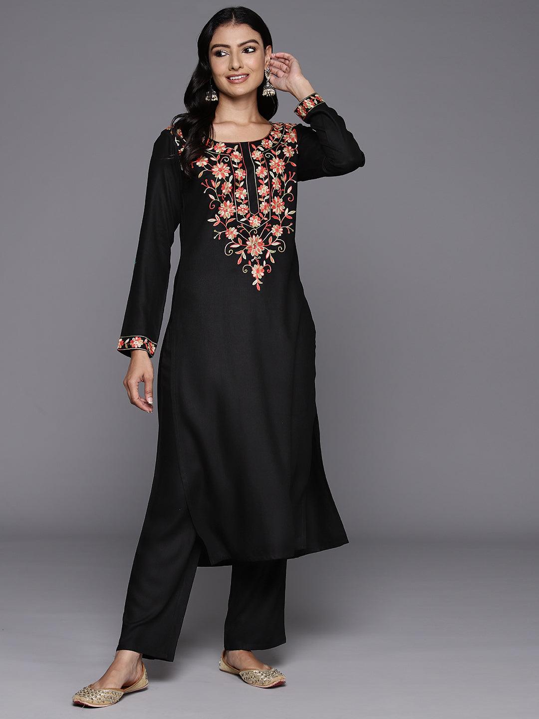 Black Yoke Design Wool Blend Straight Kurta With Palazzos - ShopLibas