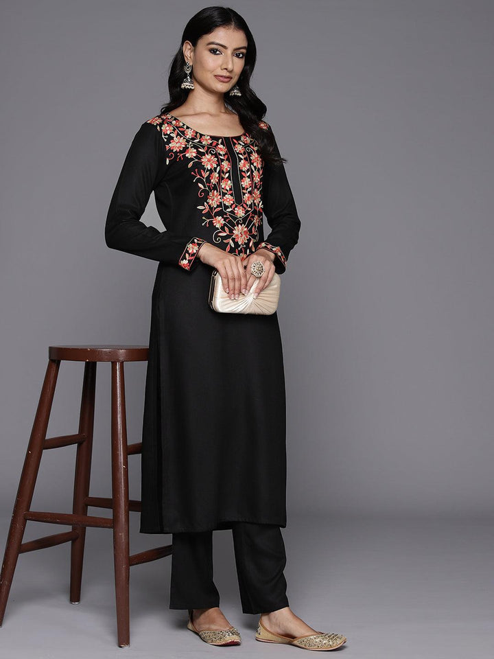 Black Yoke Design Wool Blend Straight Kurta With Palazzos - ShopLibas