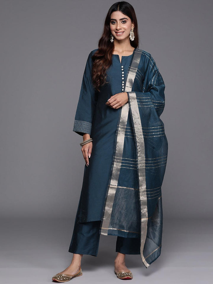 Blue Solid Silk Blend Straight Kurta With Trousers & Dupatta - ShopLibas