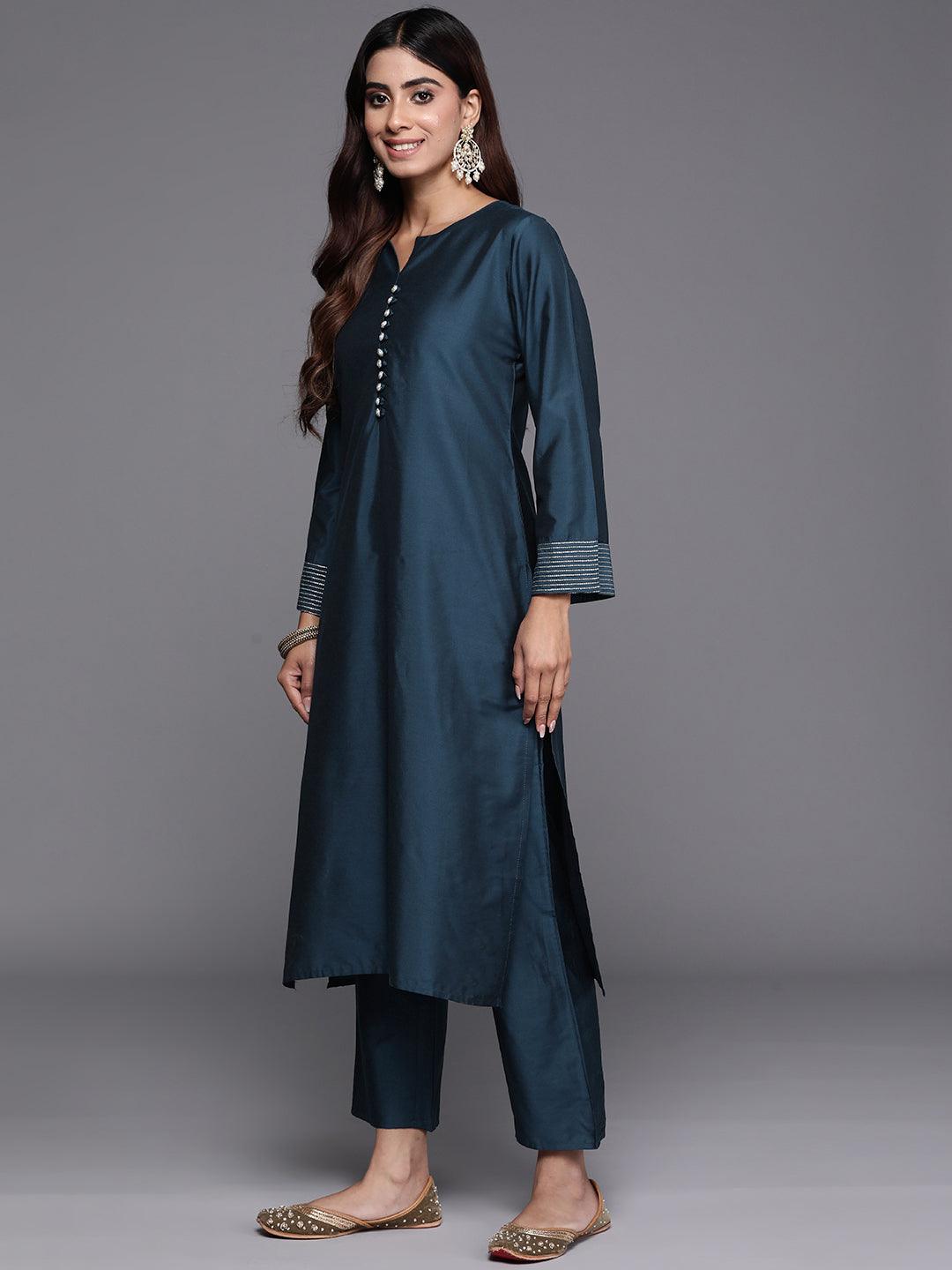 Blue Solid Silk Blend Straight Suit With Dupatta