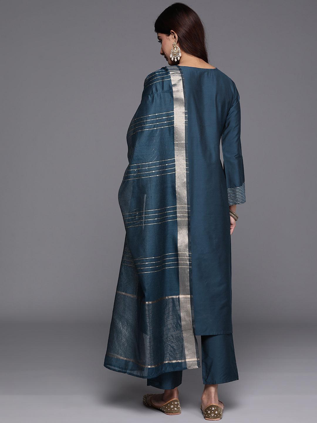 Blue Solid Silk Blend Straight Kurta With Trousers & Dupatta - ShopLibas