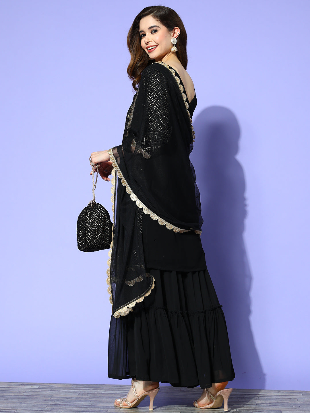 Black Embroidered Georgette Straight Kurta With Sharara & Dupatta