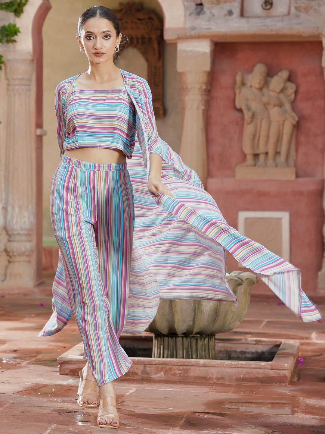 Multicoloured Striped Georgette Co-Ords