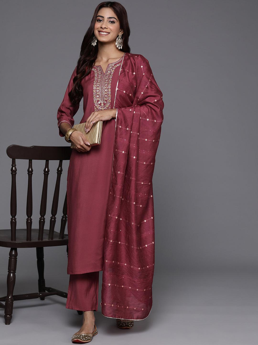 Mauve Yoke Design Silk Blend Straight Kurta With Trousers & Dupatta - ShopLibas