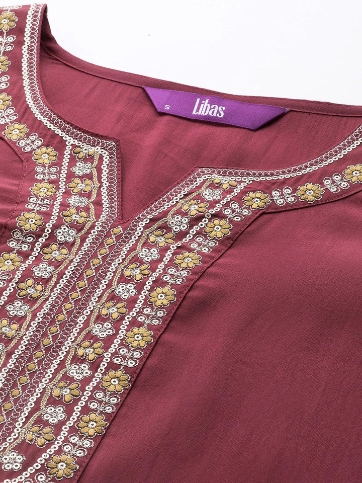 Mauve Yoke Design Silk Blend Straight Kurta With Trousers & Dupatta - ShopLibas