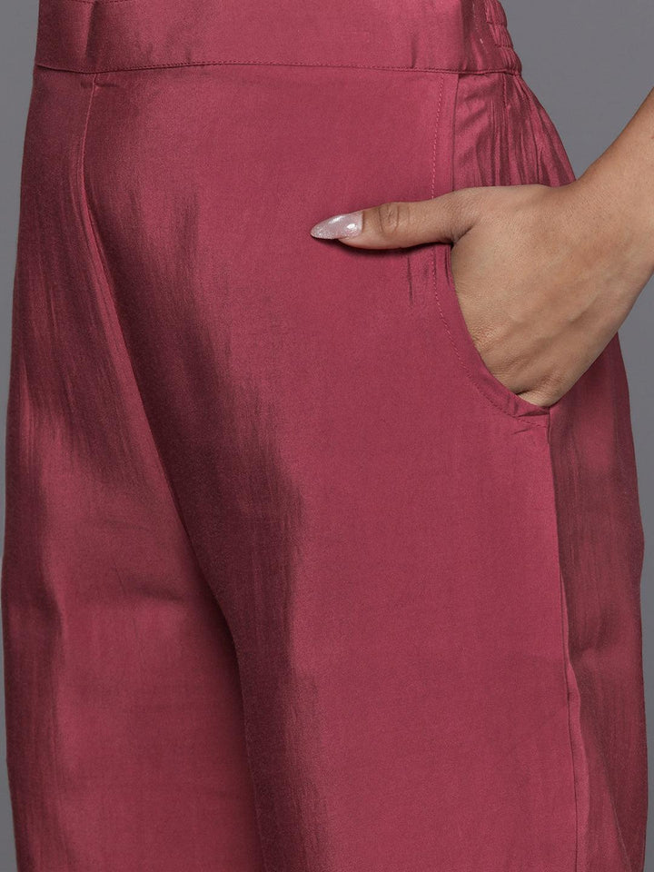 Mauve Yoke Design Silk Blend Straight Kurta With Trousers & Dupatta - ShopLibas