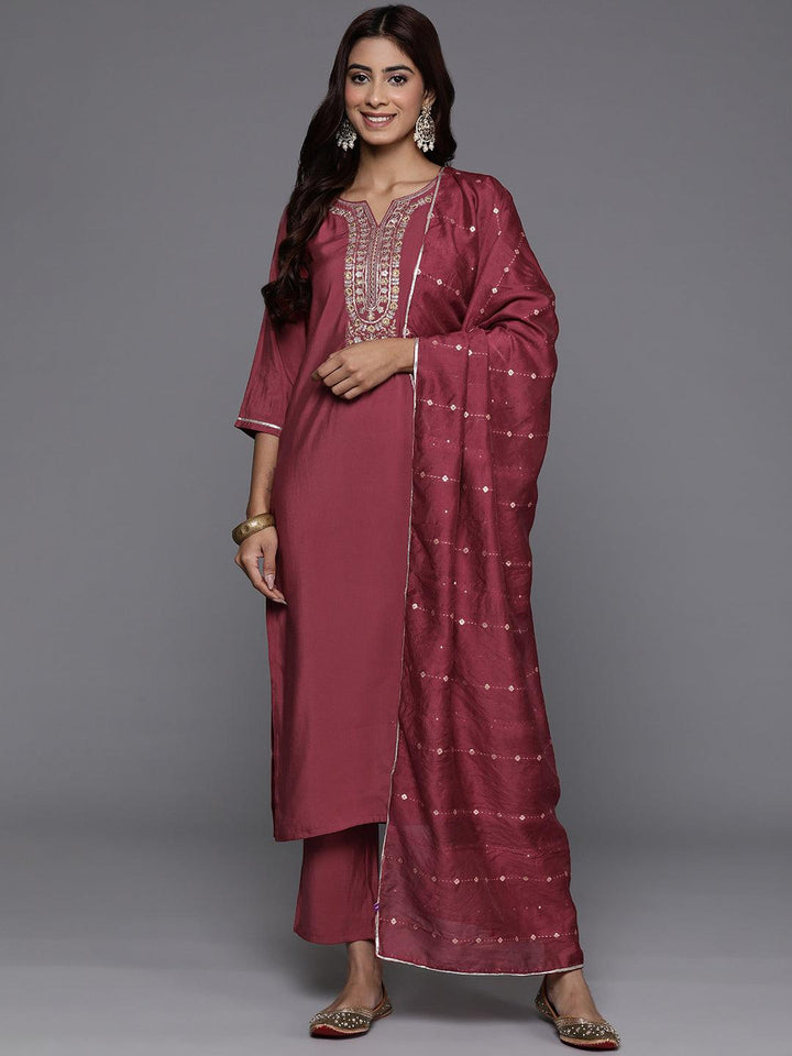 Mauve Yoke Design Silk Blend Straight Kurta With Trousers & Dupatta - ShopLibas