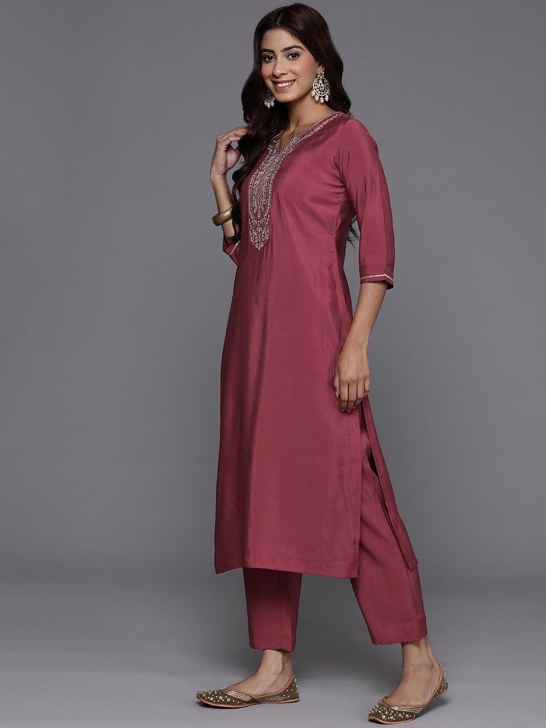 Mauve Yoke Design Silk Blend Straight Suit With Dupatta