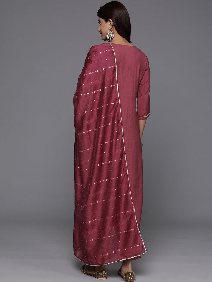 Mauve Yoke Design Silk Blend Straight Kurta With Trousers & Dupatta - ShopLibas