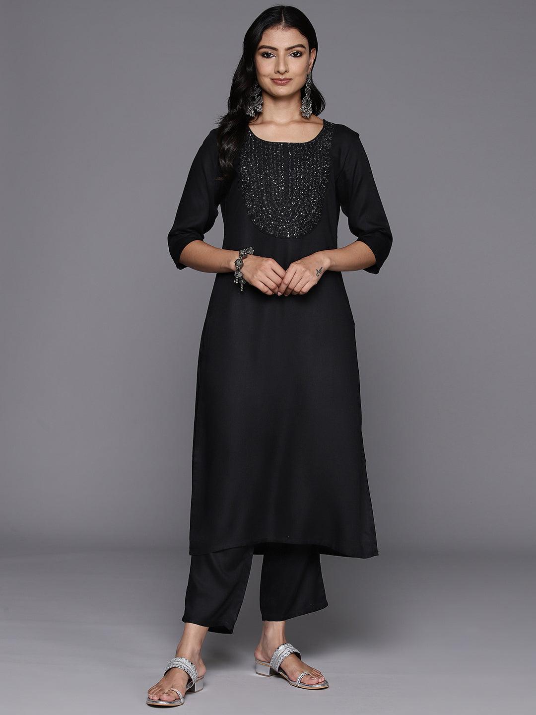 Black Yoke Design Wool Blend Straight Kurta With Trousers - ShopLibas