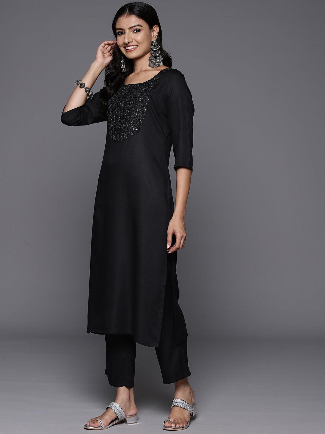 Black Yoke Design Wool Blend Straight Kurta With Trousers - ShopLibas