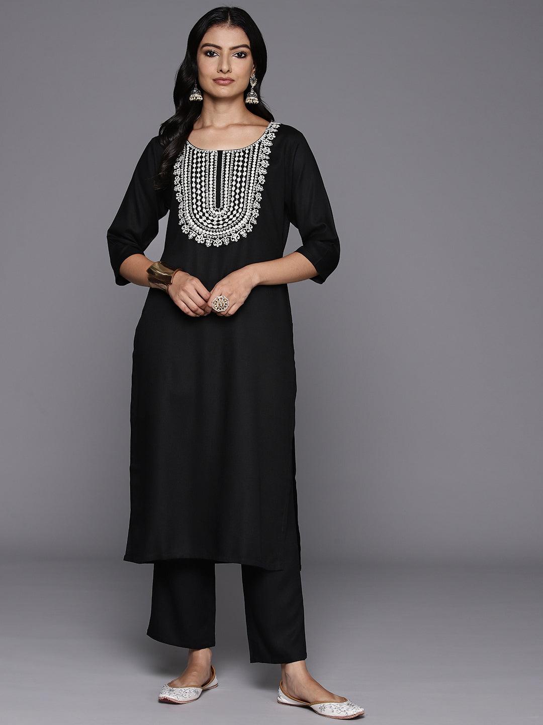 Black Yoke Design Wool Blend Straight Kurta With Trousers - ShopLibas