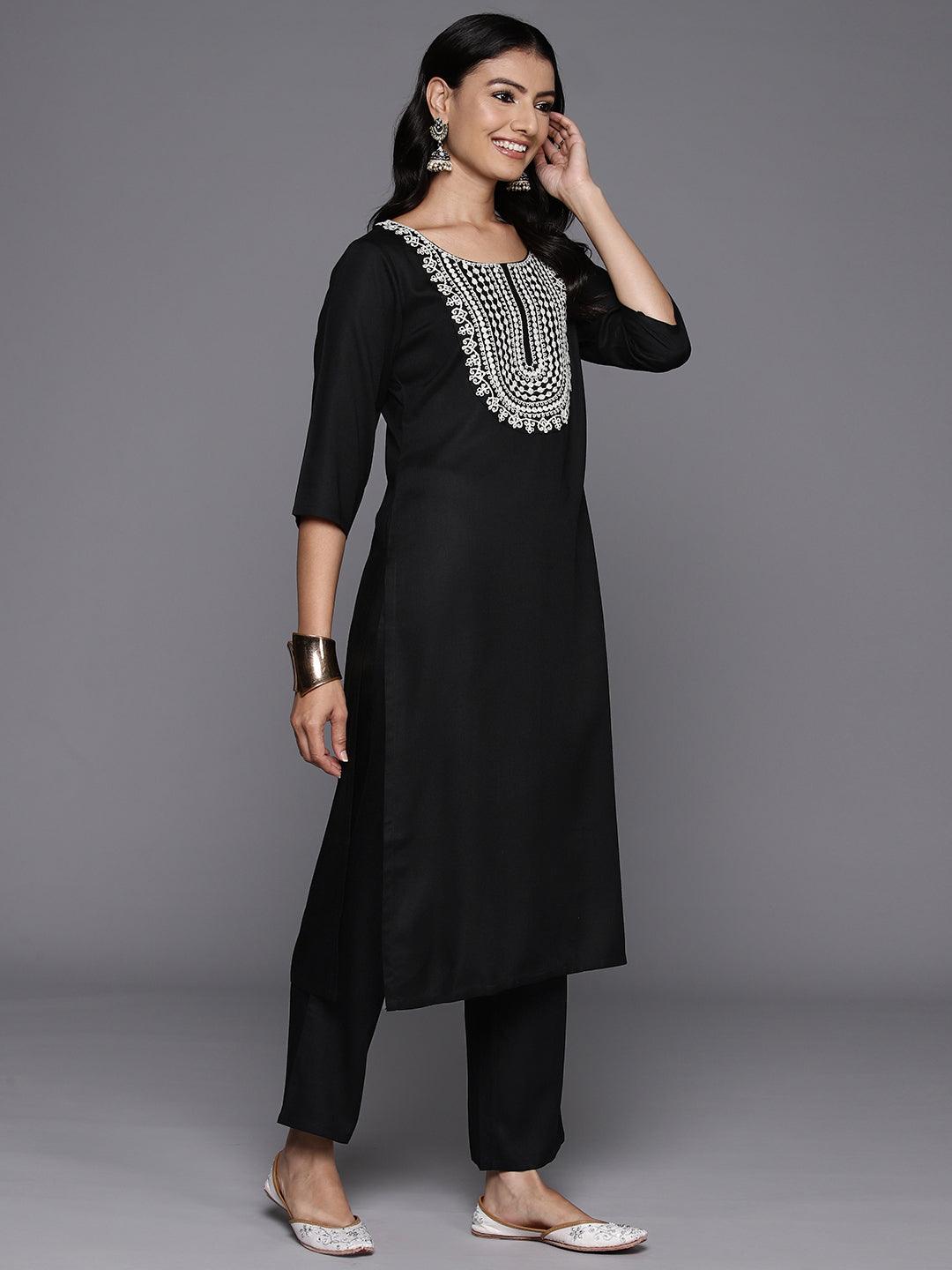 Black Yoke Design Wool Blend Straight Kurta With Trousers - ShopLibas