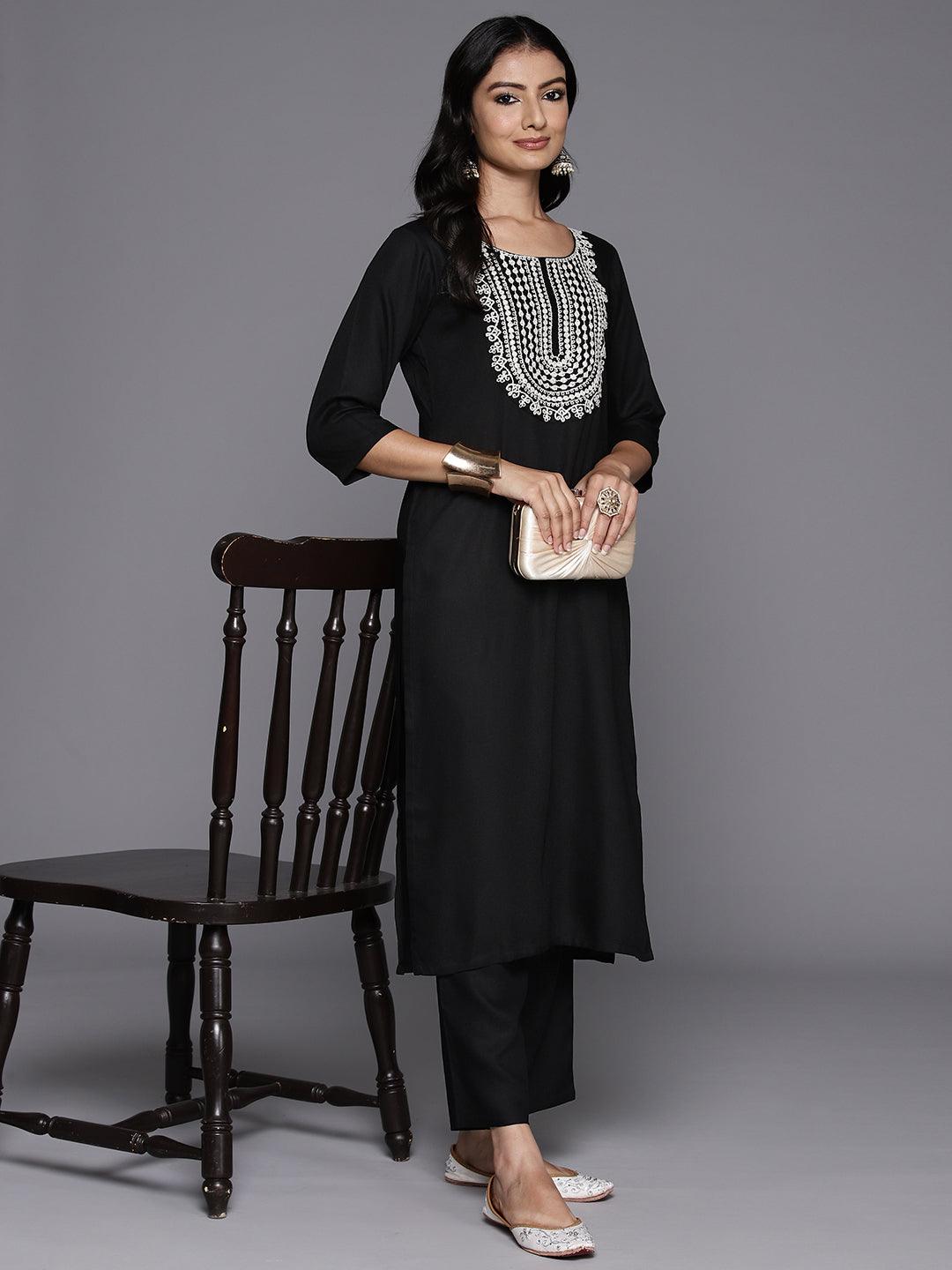 Black Yoke Design Wool Blend Straight Kurta Set