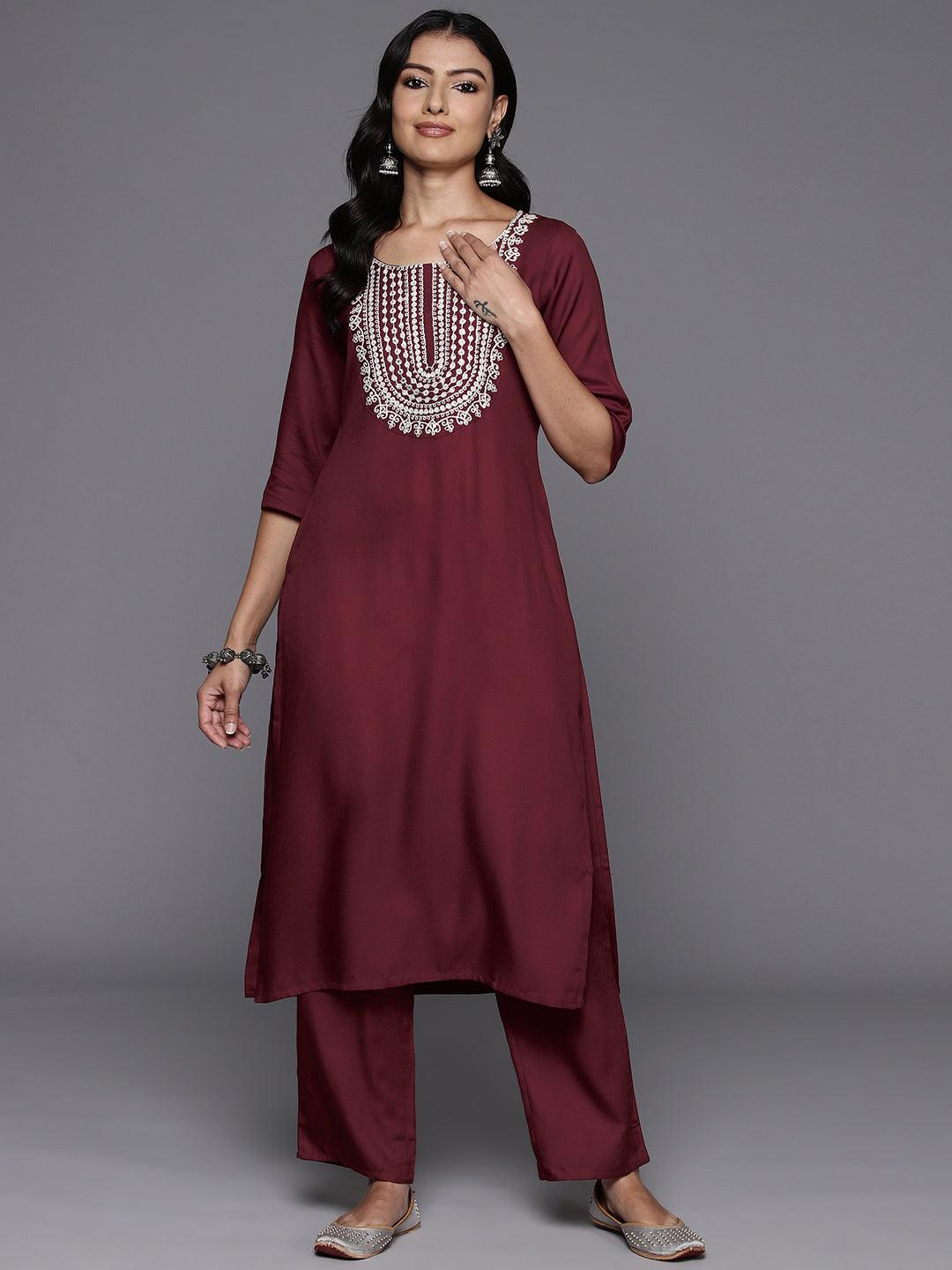 Maroon Yoke Design Wool Blend Straight Kurta Set