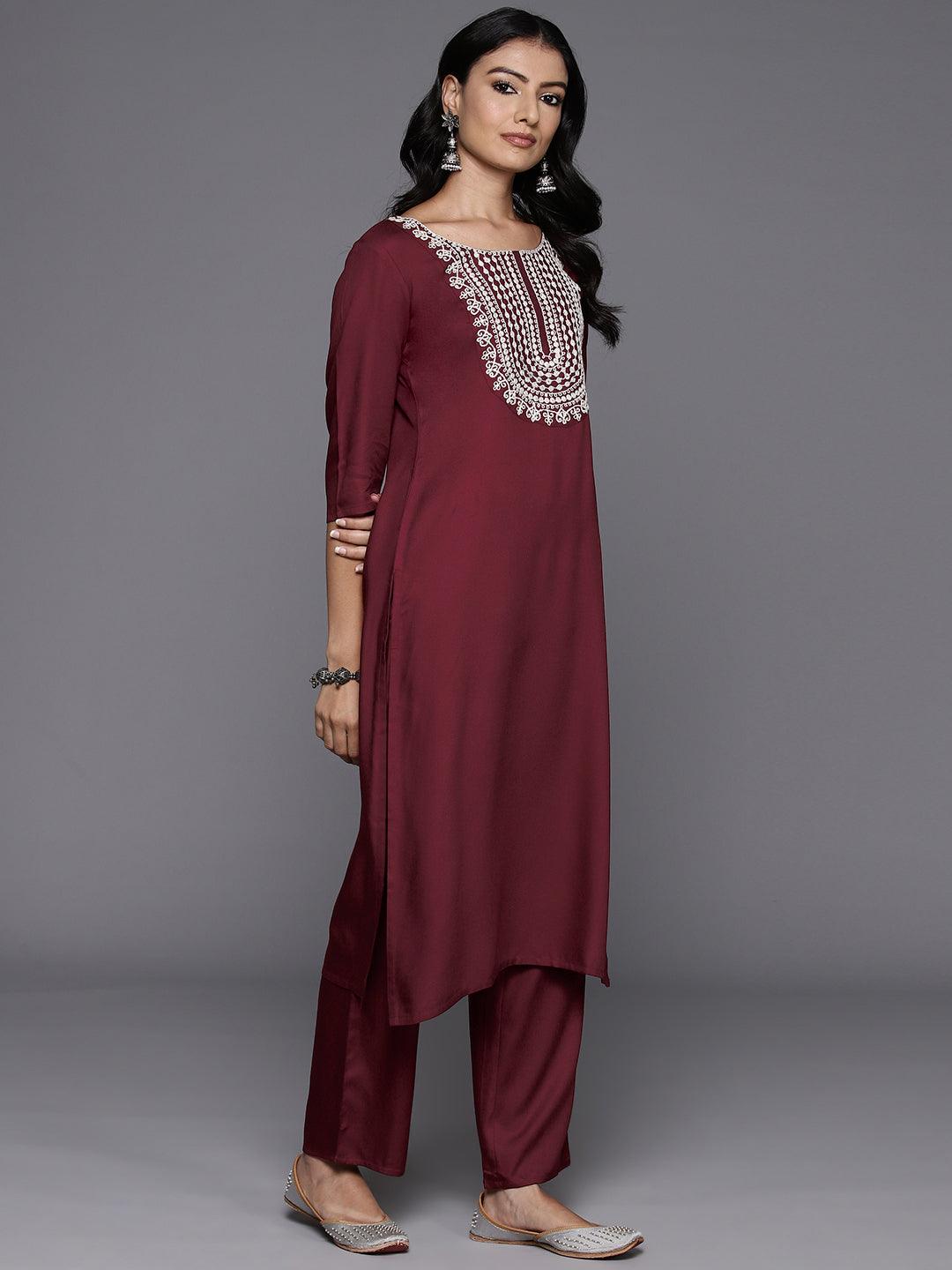 Maroon Yoke Design Wool Blend Straight Kurta Set