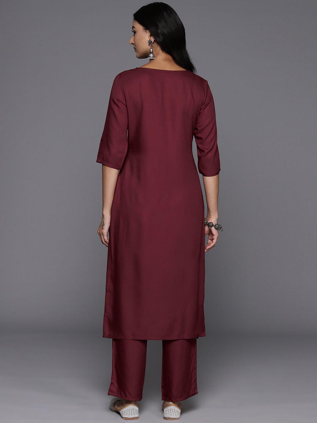 Maroon Yoke Design Wool Blend Straight Kurta Set