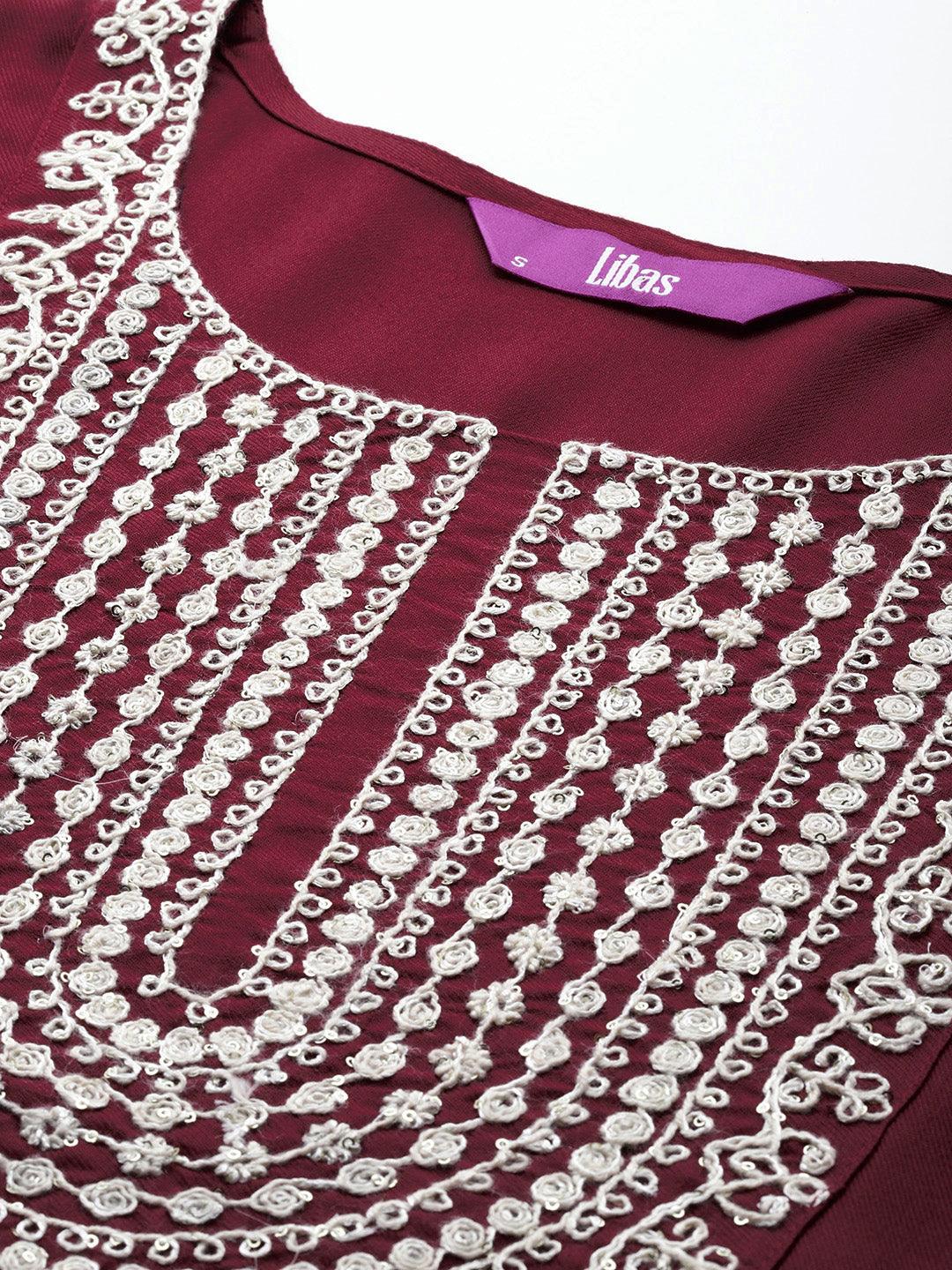 Maroon Yoke Design Wool Blend Straight Kurta Set