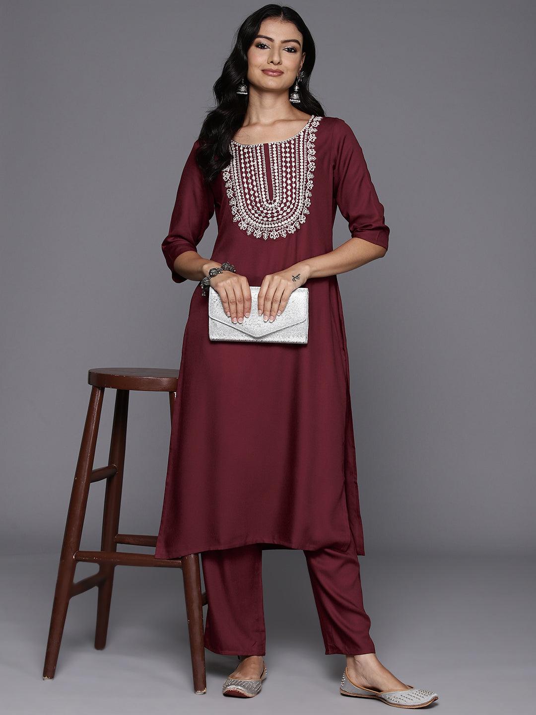 Maroon Yoke Design Wool Blend Straight Kurta Set