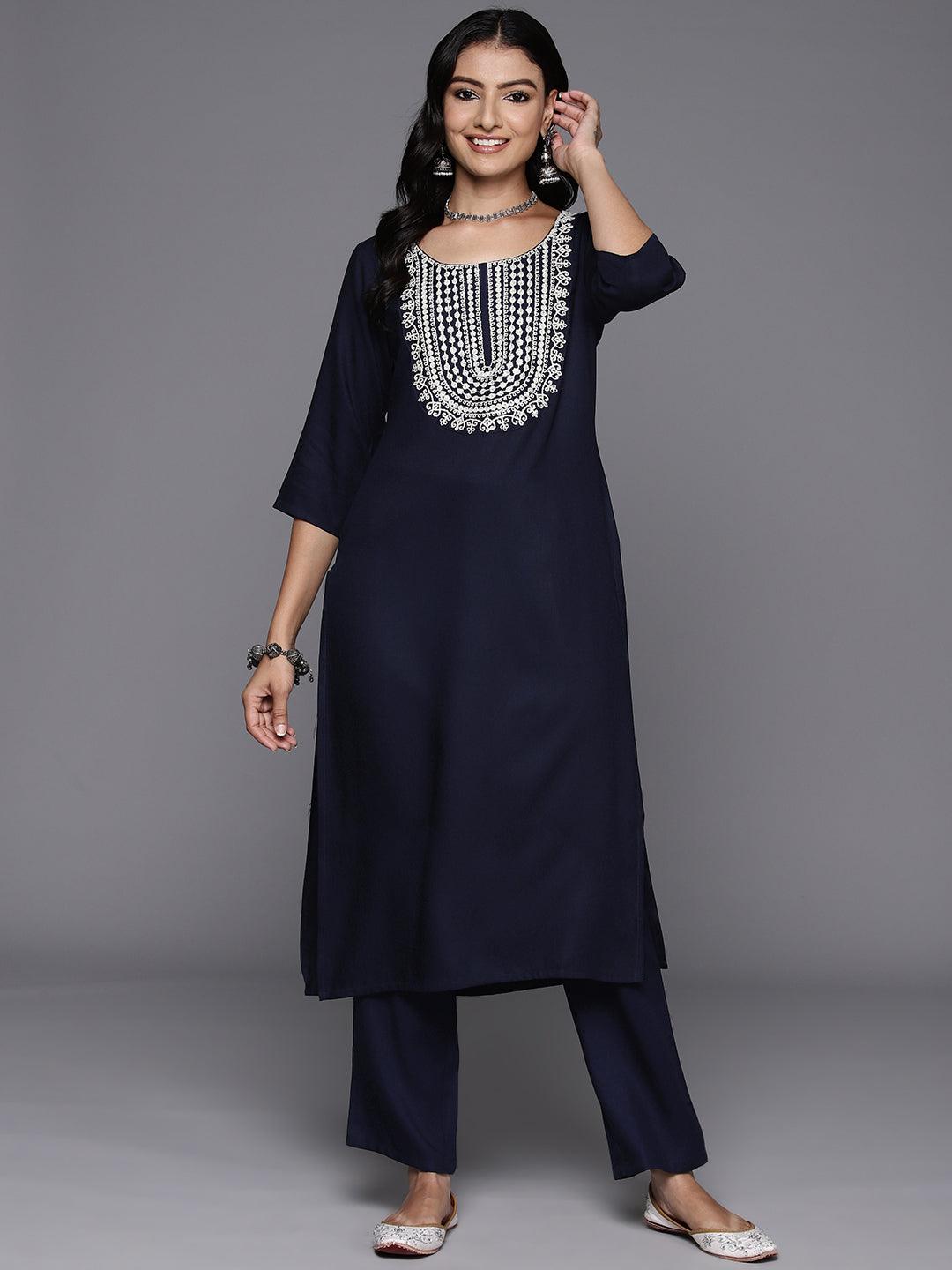 Navy Blue Yoke Design Wool Blend Straight Kurta With Trousers - ShopLibas