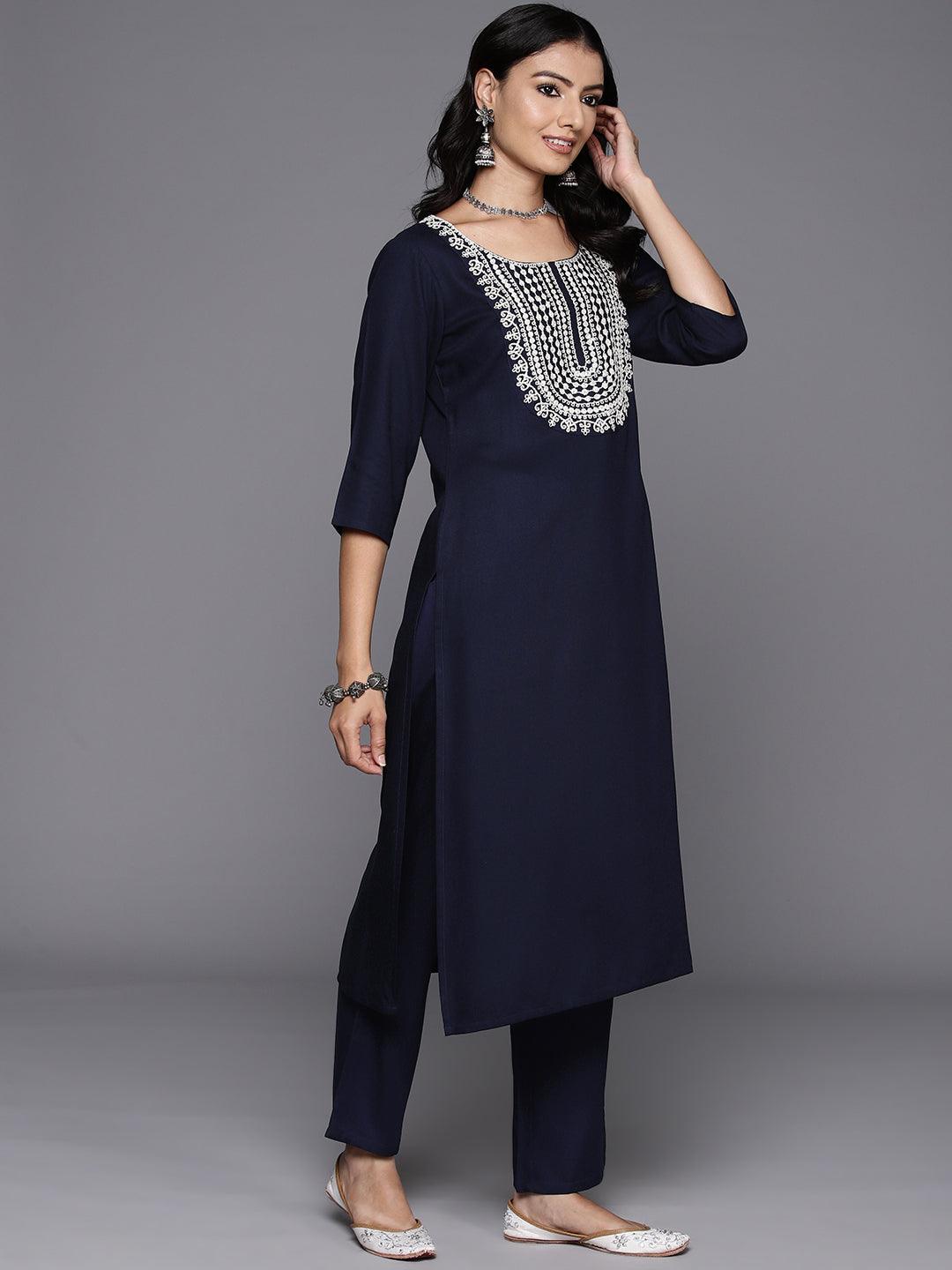 Blue Yoke Design Wool Blend Straight Kurta Set