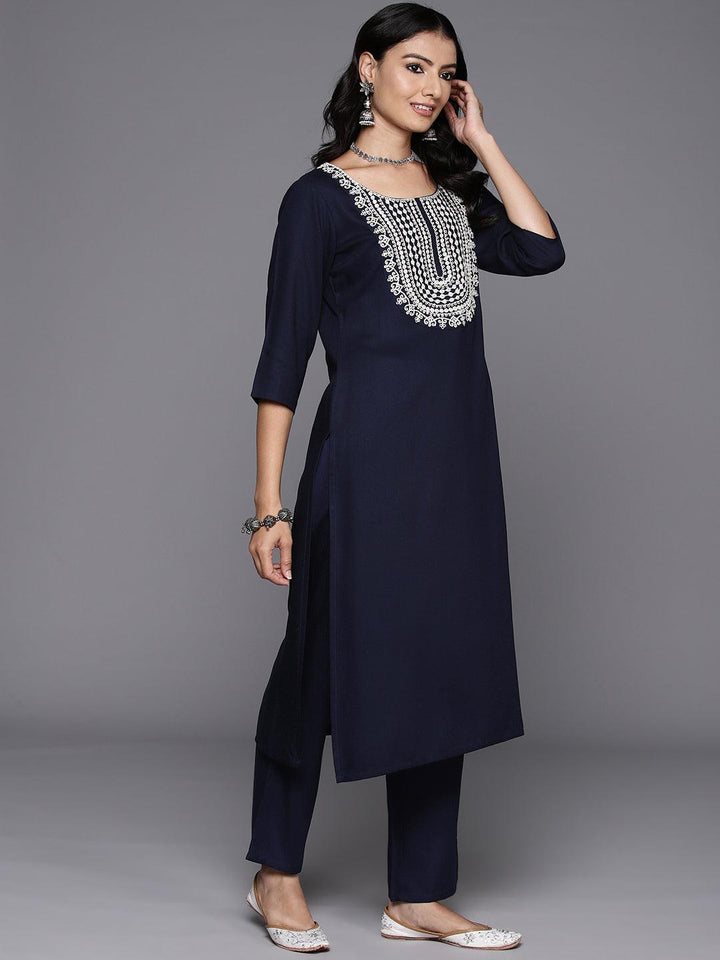 Navy Blue Yoke Design Wool Blend Straight Kurta With Trousers - ShopLibas